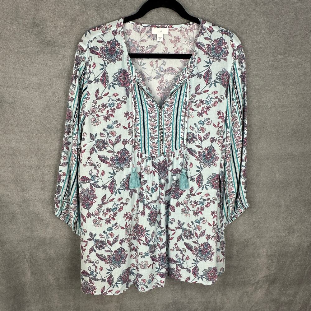 J Jill Top Womens Medium Blue Floral Tunic Flowy Boho Cottage Peasant Preppy